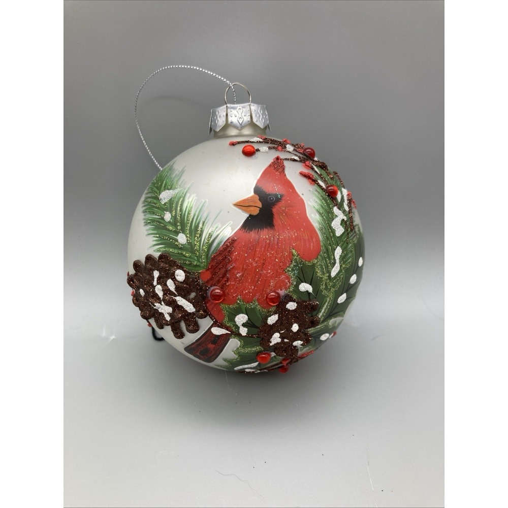 Large Handpainted Cardinal Glass Christmas Ornament Frosted  Glitter Beads